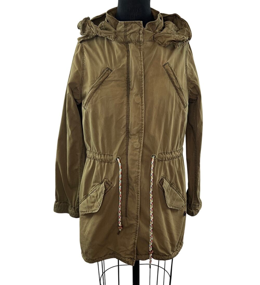 Maison Scotch Army Green Parka Jacket Cotton Hooded Drawstring Full Zip Size 1